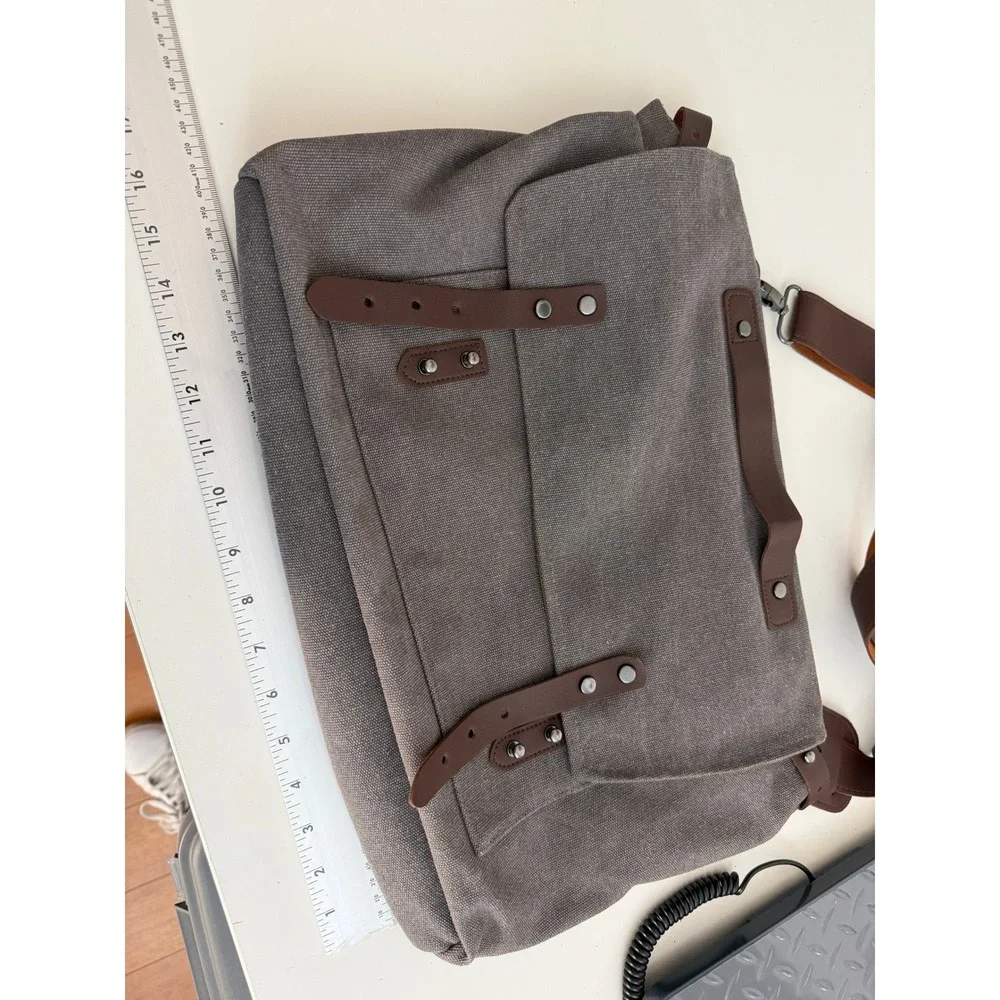 Canvas Messenger Bag Laptop Crossbody Charcoal Gray Brown Trim Work Travel Bag